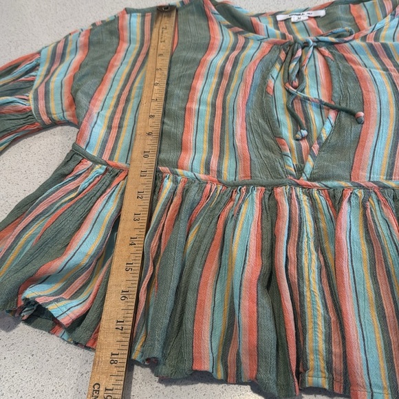 O’NEILL Rosie Stripe Top Bohemian Tie Closure Medium Green Blue - Picture 8 of 9